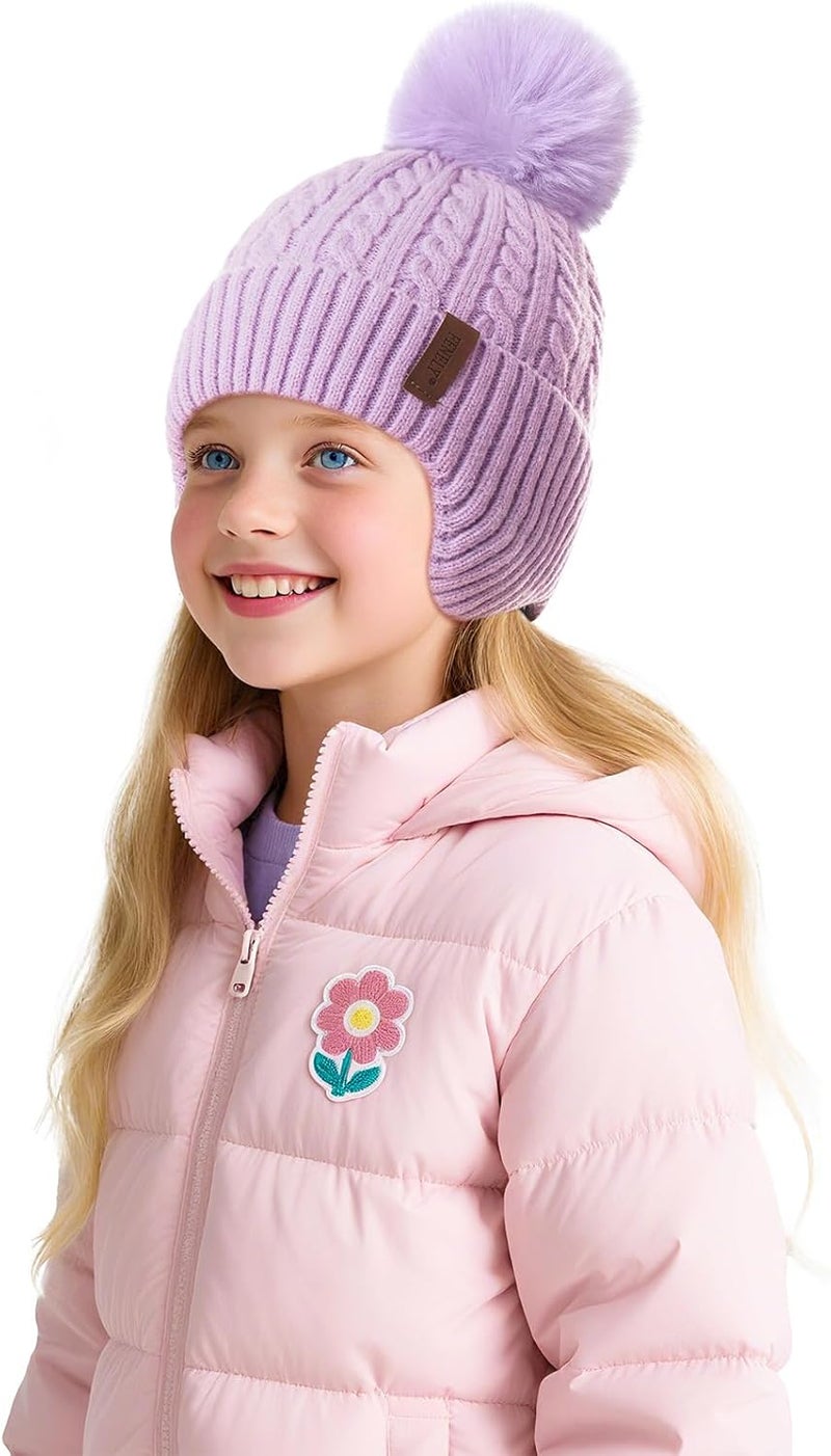 FENELY Girls Boys Winter Hat 3-12, Children's Warm Knitted Earflaps Beanie with Pom Pom Thicken Fleece Lining Cap for Kids - Image 2